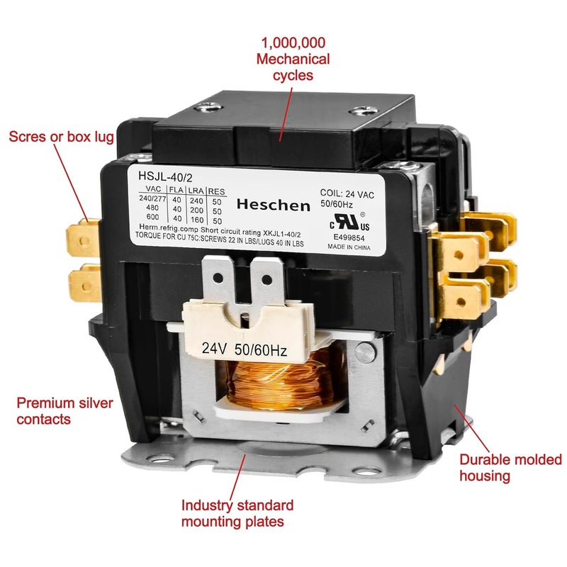 Heschen HVAC Motor Contactor, 50/60Hz, for Air Conditioner, Heat Pump, Refrigeration Systems, UL Listed (HSJL-40/2 2P 40A 24VAC) - Image 4